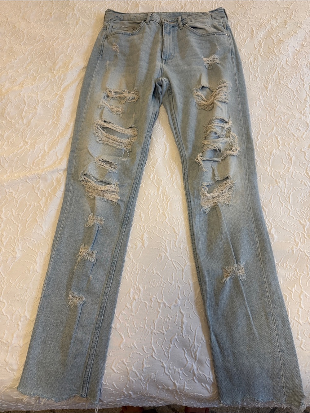 H&M Light Wash Distressed Straight Leg Jeans